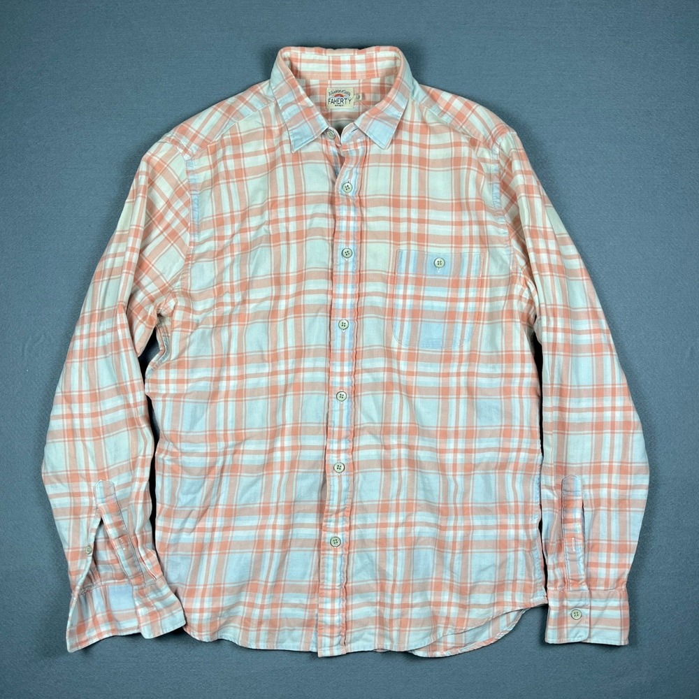 Faherty Brand Mens Large Orange Blue Plaid Indigo Dyed Cotton Button Down Shirt - Picture 2 of 8